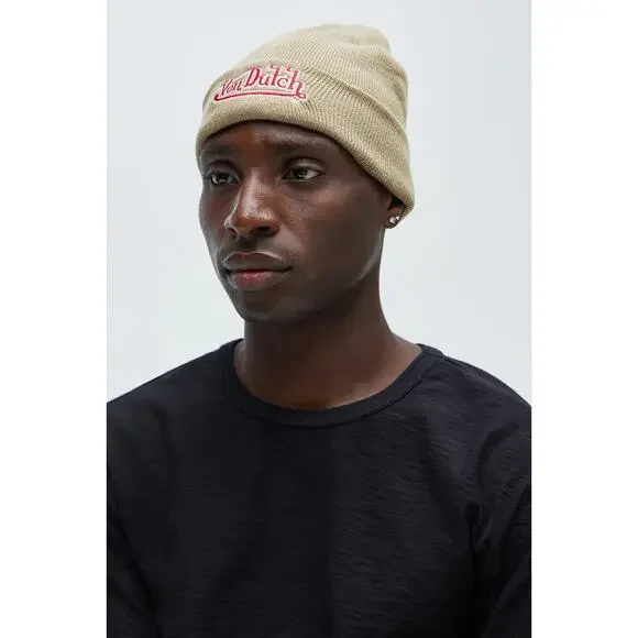 Von Dutch Embroidered Taupe Khaki Skull Beanie - Picture 3 of 6